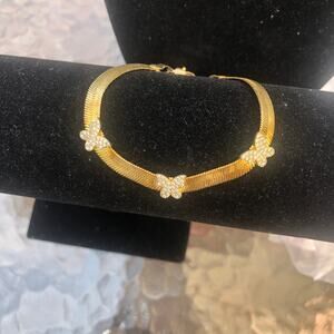 Vintage Women's Herringbone Pave Rhinestone Butterfly Gold Tone Bracelet